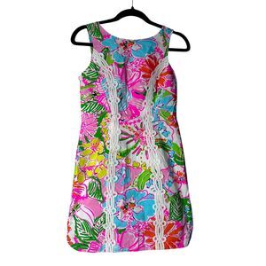 Lilly Pulitzer Nosey Posey Mini Dress Sz 2 Vibrant Neon Floral Crochet Cotton